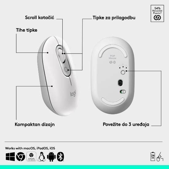 Miška LOGITECH POP, optički, bežični, USB, BT, 1000dpi, beli