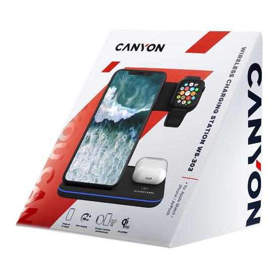 Bežični punjač CANYON WS-303, 3u1, 15W, za Apple, crni