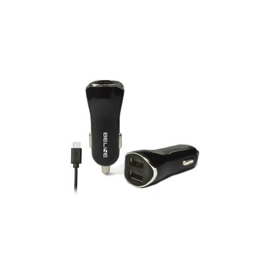 Auto punjač BELINE, 2xUSB-A + kabel USB-C, crni