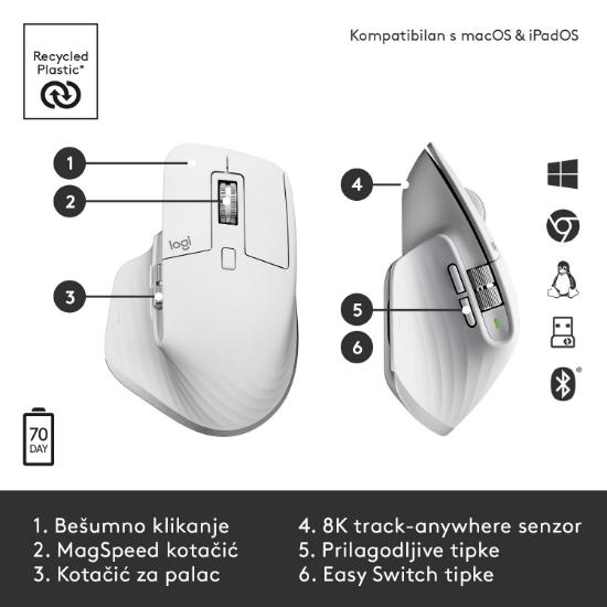 Miška LOGITECH MX Master 3S Performance, laserski, bežični, BT, Unifying receiver USB, beli