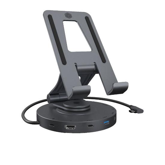 Stalak za tablet/smartphone ICY BOX IB-TH100-DK, okretni stalak, 2x USB-C, 2x USB-A 3.2 Gen1, HDMI, SD/microSD, audio, sivi