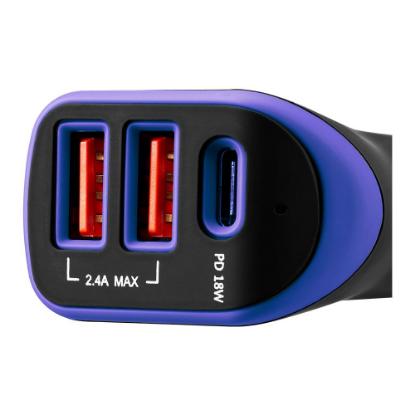 Auto punjač CANYON C-08, 2xUSB-A, USB-C, crno-ljubičasti