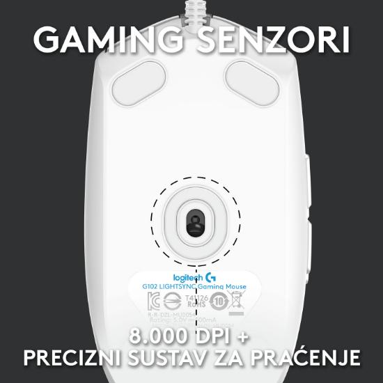 Miška LOGITECH Gaming G102 Lightsync, optički, 8000dpi, beli, USB