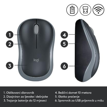 Miška LOGITECH M185, optički, bežični, 1000dpi, crno-sivi