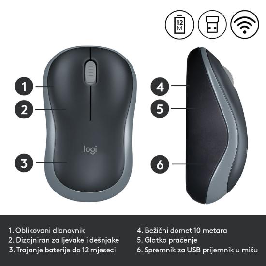 Miška LOGITECH M185, optički, bežični, 1000dpi, crno-sivi