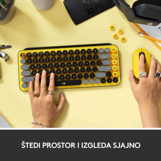 Tipkovnica LOGITECH POP Keys, mehanička, brezžična, US Layout, USB, žuto/črna
