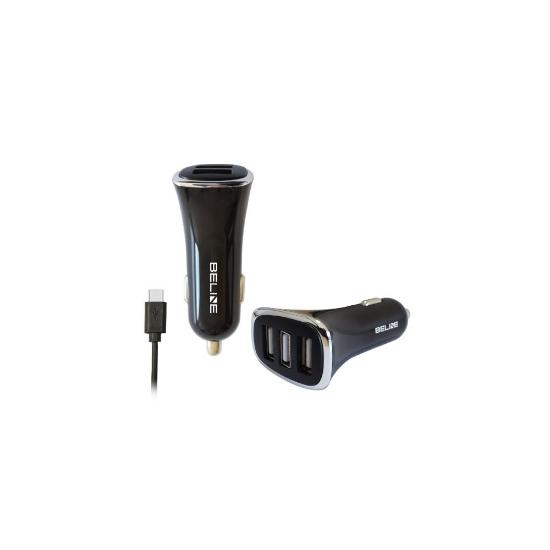 Auto punjač BELINE, 3xUSB-A + kabel USB-C, crni
