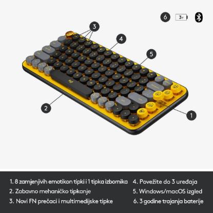 Tipkovnica LOGITECH POP Keys, mehanička, brezžična, US Layout, USB, žuto/črna