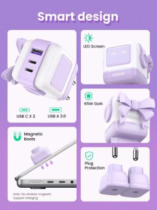 Kućni punjač UGREEN Nexode RG, 65W, 1x USB-A, 2x USB-C, LED ekran, ljubičasti