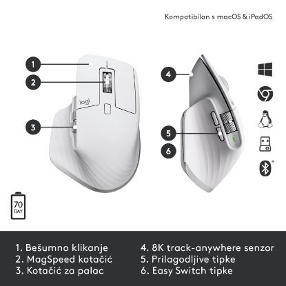 Miška LOGITECH MX Master 3S Performance, laserski, bežični, BT, Unifying receiver USB, beli