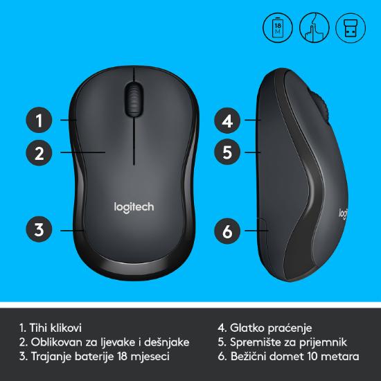 Miška LOGITECH M220 Silent, optički, bežični, črni, USB