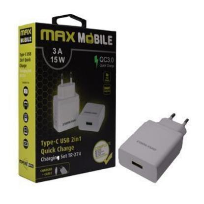 Kućni punjač MAXMOBILE TR-274 QC 3.0, USB + USB-C, 3A, bijeli