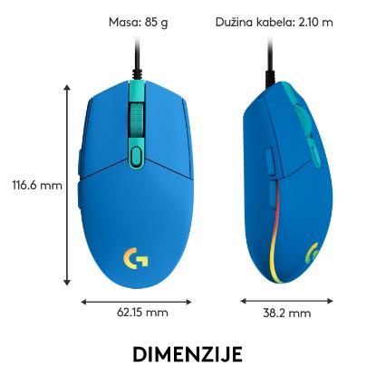 Miška LOGITECH Gaming G102 Lightsync, optički, 8000dpi, modri, USB