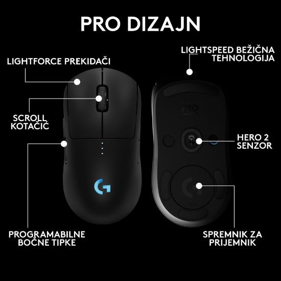 Miška LOGITECH Pro 2 Lightspeed, RGB, optički, bežični, 32000dpi, črni