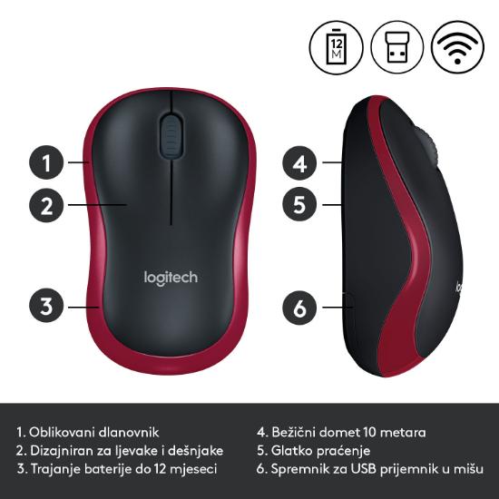 Miška LOGITECH M185, optički, bežični, 1000dpi, crno-rdeči