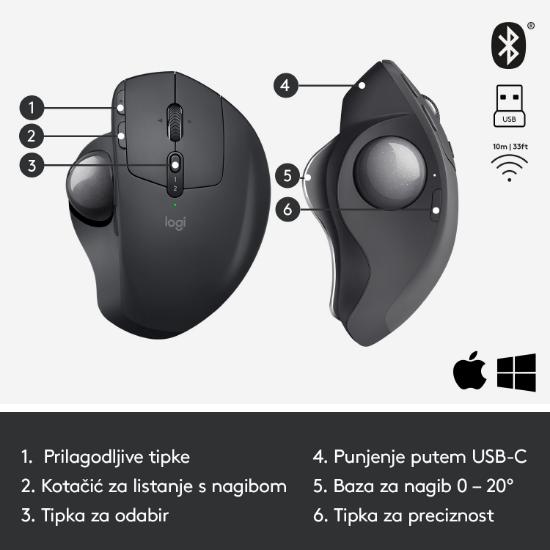 Miška LOGITECH MX Ergo, optički, trackball, bežični, USB, sivi