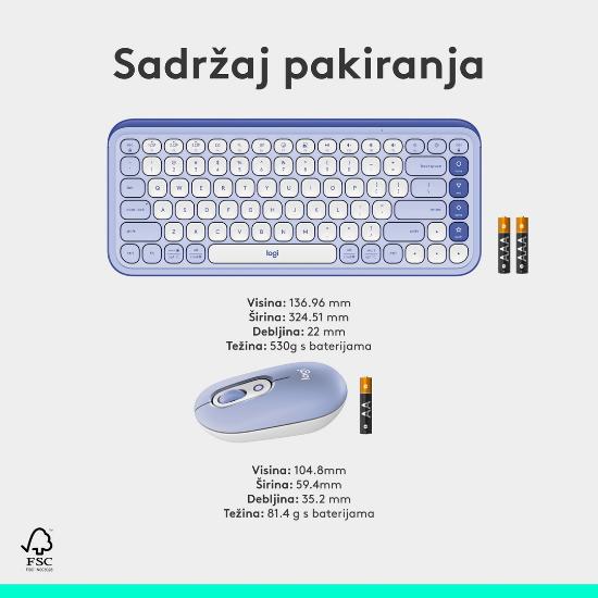 Tipkovnica + miška LOGITECH POP Icon Combo, brezžična, US Layout, BT, ljubičasta
