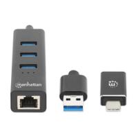 USB HUB MANHATTAN, 3-portni USB 3.0, G-LAN, USB-C adapter, crni