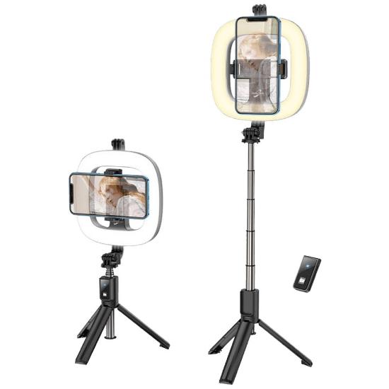 Selfie stick sa svjetlosnim prstenom HOCO LV03, tripod, Bluetooth, 4.7"-6.5", crni