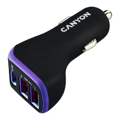 Auto punjač CANYON C-08, 2xUSB-A, USB-C, crno-ljubičasti