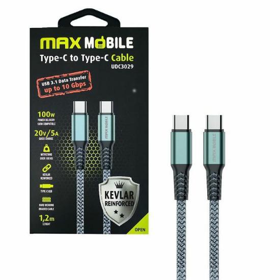 Kabel MAXMOBILE, USB-C (M) na USB-C(M), kevlar, 100W, 5A, 1,2m, sivi