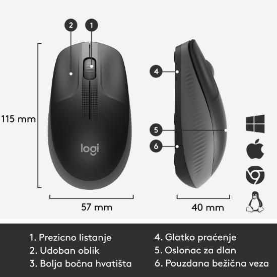 Miška LOGITECH M190, optički, bežični, 1000dpi, črni
