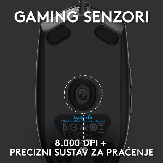 Miška LOGITECH Gaming G102 Lightsync, optički, 8000dpi, črni, USB