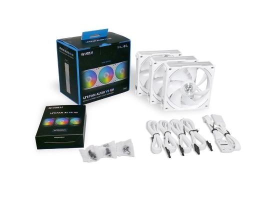 Ventilator LIAN LI Uni Fan AL120 V2 RGB PWM, 120mm, beli, 3 ventilatora, krmilnik
