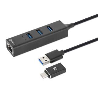 USB HUB MANHATTAN, 3-portni USB 3.0, G-LAN, USB-C adapter, crni
