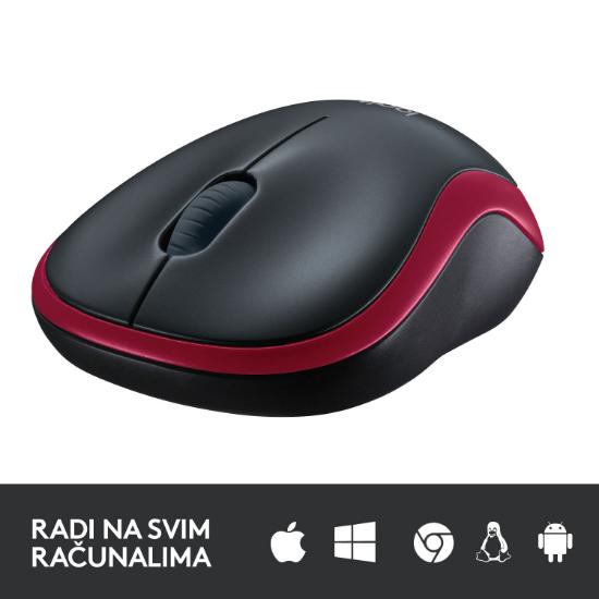 Miška LOGITECH M185, optički, bežični, 1000dpi, crno-rdeči