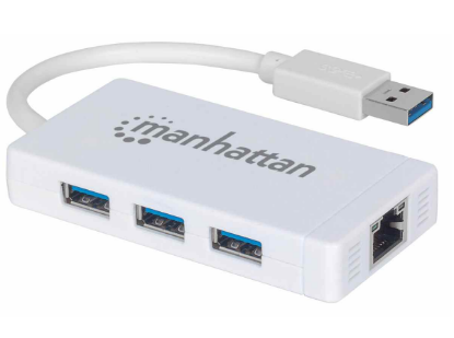 USB HUB MANHATTAN, 3-portni USB 3.0, G-LAN, bijeli
