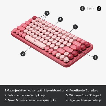Tipkovnica LOGITECH POP Keys, mehanička, brezžična, US Layout, USB, crveno/roza