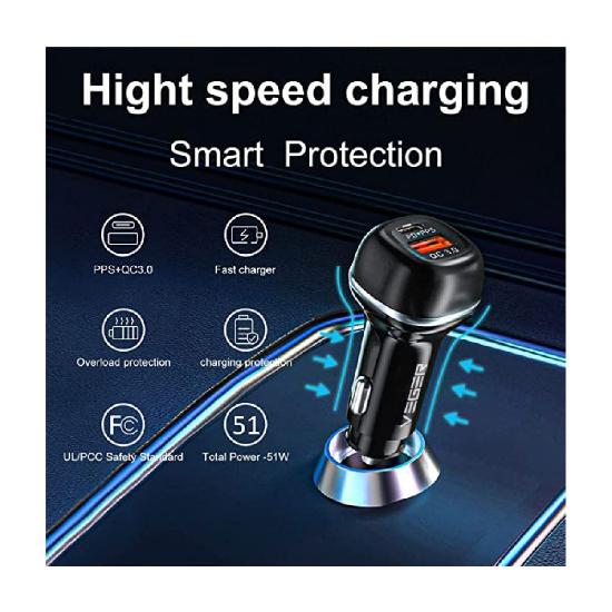 Auto punjač VEGER CC62, 51W, USB-A, USB-C, crni