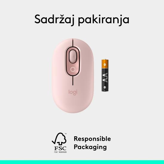Miška LOGITECH POP, optički, bežični, USB, BT, 1000dpi, rozi