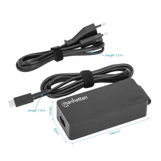 Punjač za laptop MANHATTAN, 65W, USB-C, crni