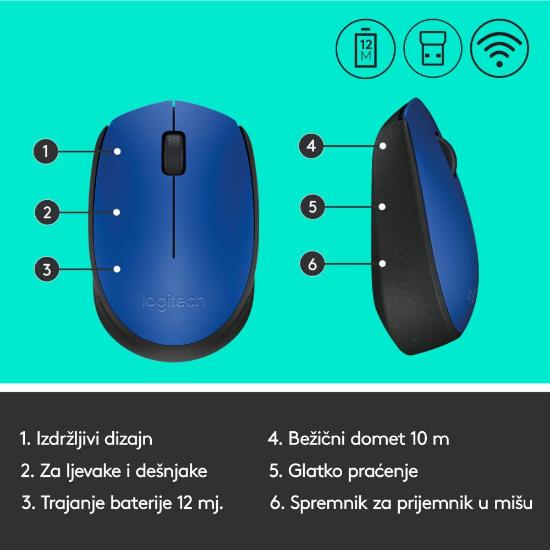 Miška LOGITECH M171, optički, bežični, modri