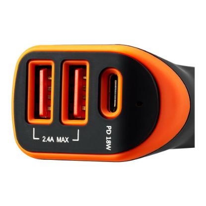 Auto punjač CANYON C-08, 2xUSB-A, USB-C, crno-narančasti