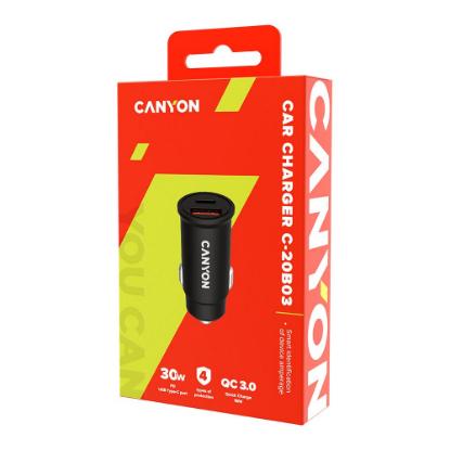 Auto punjač CANYON C-20-03, USB-A, USB-C, QC 3.0, PD, crni