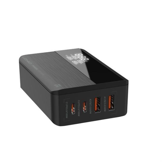 Kućni punjač LDNIO A4809C GaN 100W, PD 3.0, QC 4.0, 2x USB-C, 2x USB-A, LED zaslon, naponski kabel, crni