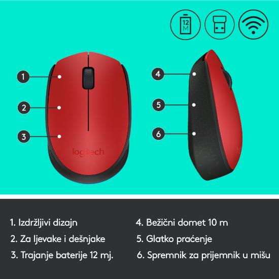 Miška LOGITECH M171, optički, bežični, rdeči