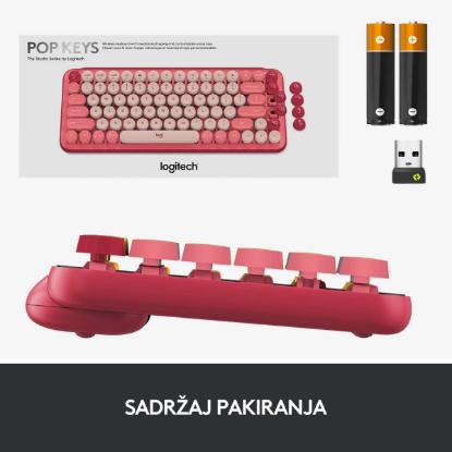 Tipkovnica LOGITECH POP Keys, mehanička, brezžična, US Layout, USB, crveno/roza