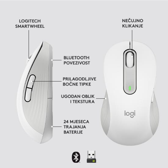 Miška LOGITECH M650 L, za ljevake, bežični, optički, 4000dpi, USB, BT, beli