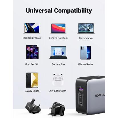 Kućni punjač UGREEN Nexode GaN II, 65W, USB-A, 2XUSB-C, crno-sivi
