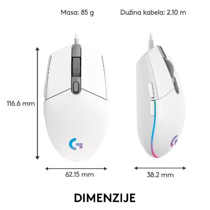 Miška LOGITECH Gaming G102 Lightsync, optički, 8000dpi, beli, USB