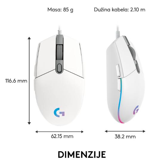 Miška LOGITECH Gaming G102 Lightsync, optički, 8000dpi, beli, USB