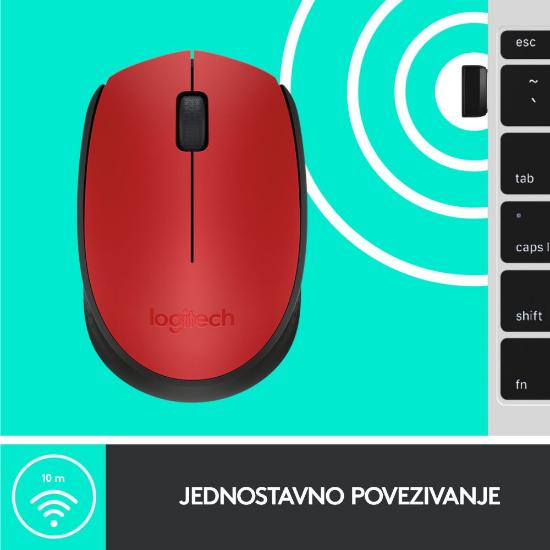 Miška LOGITECH M171, optički, bežični, rdeči