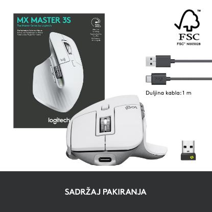 Miška LOGITECH MX Master 3S Performance, laserski, bežični, BT, Unifying receiver USB, beli