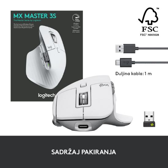 Miška LOGITECH MX Master 3S Performance, laserski, bežični, BT, Unifying receiver USB, beli