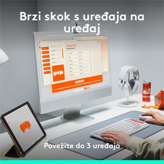 Tipkovnica LOGITECH POP Icon Keys, brezžična, US Layout, BT, belo-oranžna