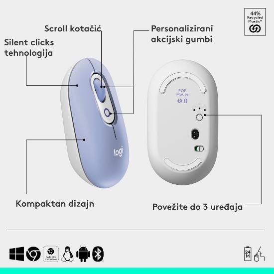 Tipkovnica + miška LOGITECH POP Icon Combo, brezžična, US Layout, BT, ljubičasta